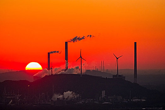 日落,正面,电厂,红色天空,烟囱,风能,工厂,风电场,盖尔森基兴,鲁尔区,北莱茵威斯特伐利亚,德国,欧洲