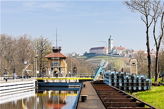 水闸,梅尔尼克,城堡,背景,捷克共和国