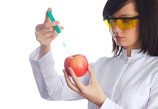 女人,科学家,注射,化学品,苹果,白色背景