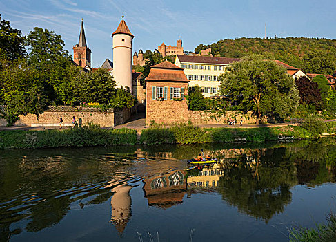 河,红色,塔,城镇,教堂,城堡,遗址,巴登符腾堡,德国,欧洲
