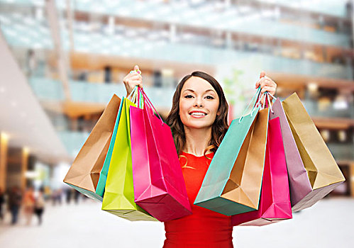 销售,礼物,休假,人,概念,微笑,女人,彩色,包,上方,购物中心,背景