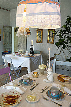 早餐桌,两个,仰视,吊灯,旧式,室内