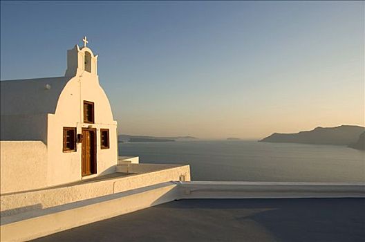 小教堂,日落,亮光,锡拉岛,基克拉迪群岛,爱琴海,希腊