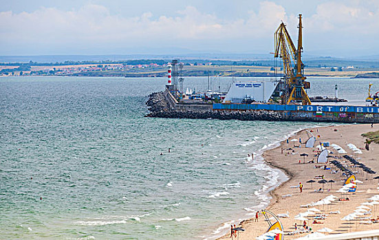 海滩,放松,人,靠近,入口,码头,港口,黑海,保加利亚