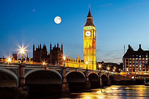 满月,高处,大本钟,国会,伦敦,团结