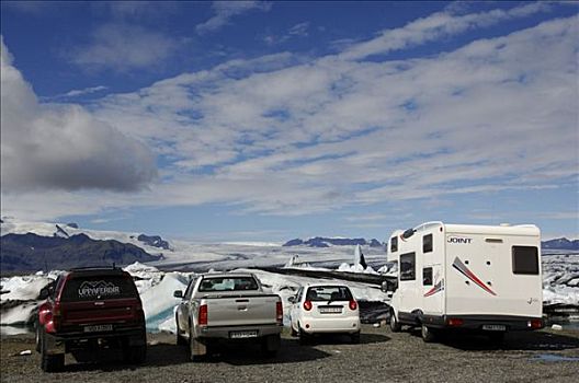 停车场,露营车,汽车,结冰,湖,冰山,冰河,冰岛,欧洲