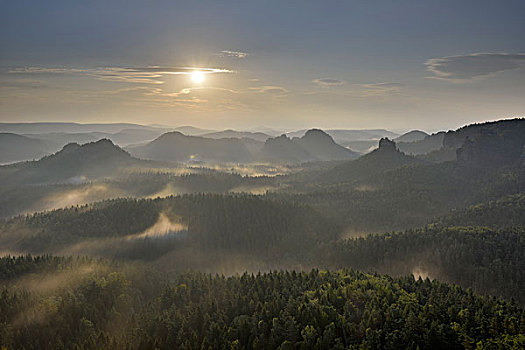 雾,日出,早晨,气氛,砂岩,山,撒克逊瑞士,萨克森,德国,欧洲