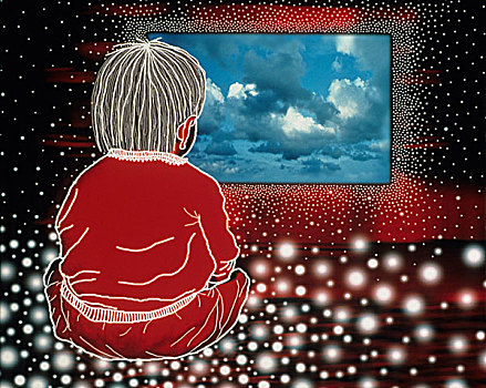 数码,图像,男孩,坐,看,云,窗户,世界