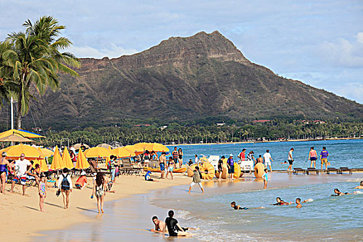 夏威夷,瓦胡岛,怀基基海滩,海滩,人,钻石海岬