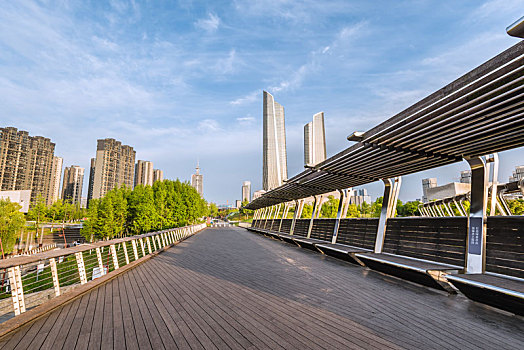 中国江苏南京的南京眼步行桥与cbd大厦
