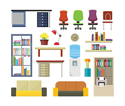 现代办公室,家具,插画,商务,室内,桌子,椅子,沙发,架子,花,钟表,灯,公寓,风格,设计,概念,象征