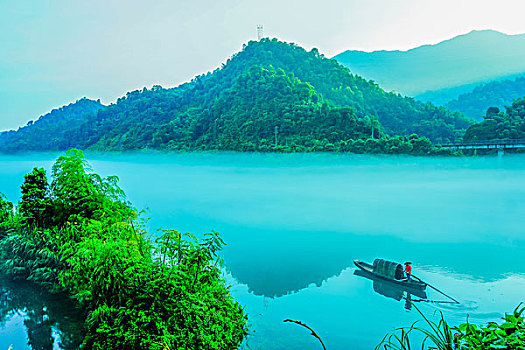 竹林岛,竹林,竹子,小东江,雾,水汽,气流,耶稣光,小船,撒网,捕捞