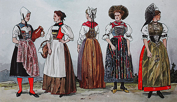 人,传统服装,时尚,服饰,衣服,瑞士,开端,19世纪,插画,欧洲