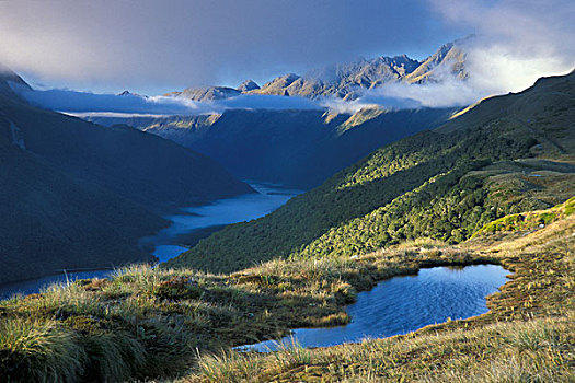 风景,钥匙,顶峰,山谷,湖,峡湾国家公园,南岛,新西兰