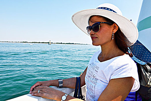 女人,渡轮,水上出租车,船,威尼斯,威尼托,意大利,欧洲