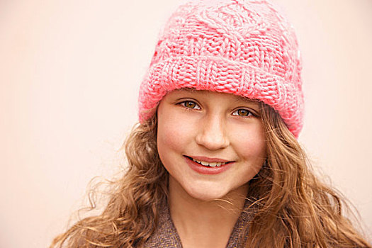 微笑,女孩,戴着,粉色,毛织品,帽子