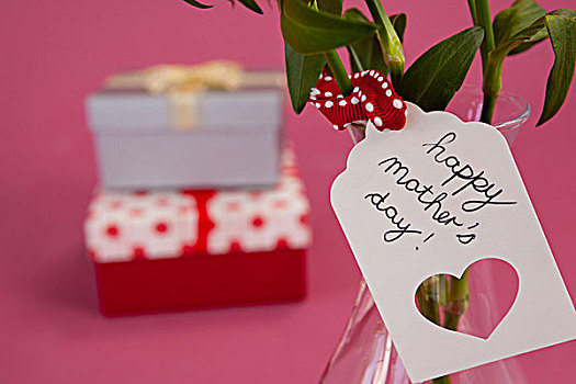 特写,高兴,母亲节,卡,花,花瓶,粉色背景
