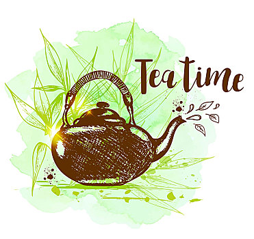 茶壶,竹子,枝条,绿色,水彩,背景,旧式,风格,喝茶,文字