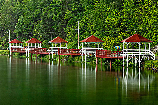 野餐,露台,岸边,水塘,加斯佩半岛,魁北克,加拿大
