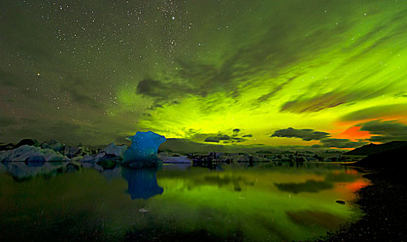 蓝色,冰山,北极光,杰古沙龙湖,冰岛,欧洲