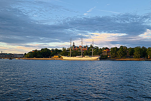 瑞典,斯德哥尔摩,风景,帆船,正面,海普斯霍尔曼,落日