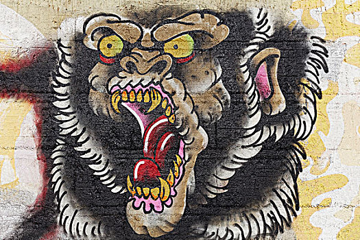 巨大,猿,张嘴,怪兽,涂鸦,街头艺术,杜伊斯堡,北莱茵威斯特伐利亚,德国,欧洲