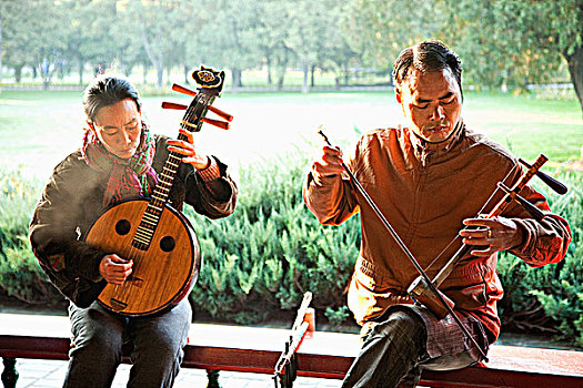 中国,北京,男人,女人,演奏,传统,中国人,弦乐器