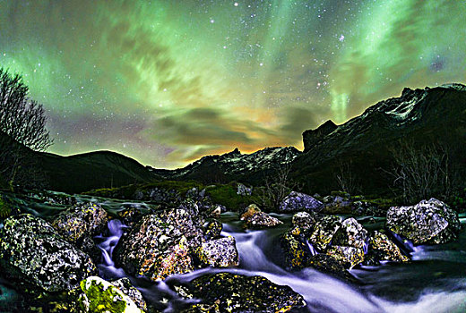 北极光,上方,风景,小河,靠近,湖,挪威,欧洲