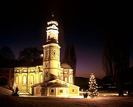 冬天,卡尔教堂,教堂,圣诞树,靠近,旅店,山谷,奥地利,欧洲