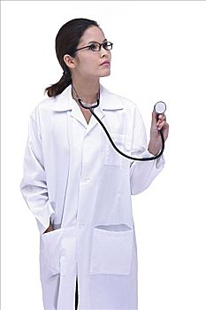 女醫(yī)生,白大褂,拿著,聽(tīng)診器,看別處