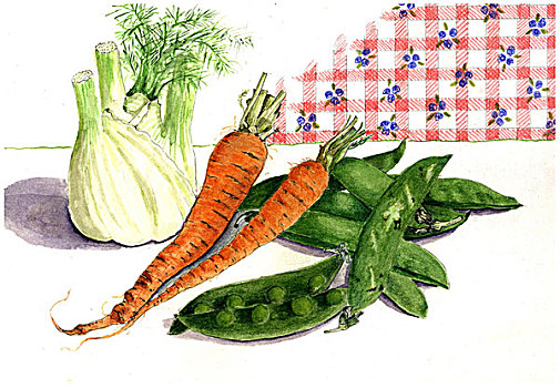 插画,一个,茴香,两个,胡萝卜,豌豆荚,图案,布,背景