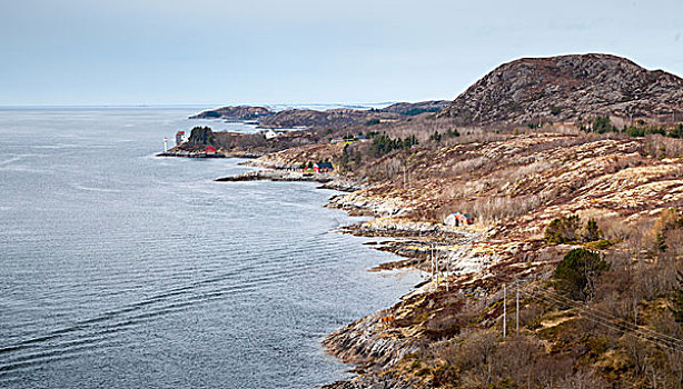 传统,沿岸,挪威,乡村,彩色,木屋,悬崖