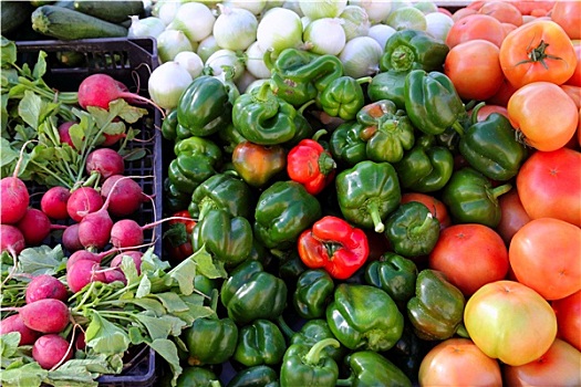 果蔬摊,萝卜,西红柿,绿色,红椒