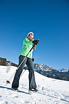 女人,走,滑雪杖,户外,冬天