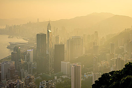 摩天大楼,中心,香港,旺角,风景,太平山,日出,香港岛,中国,亚洲