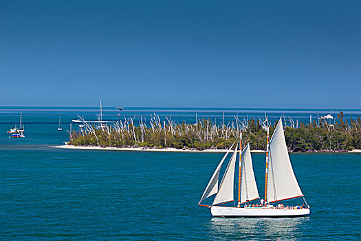 美国,佛罗里达,佛罗里达礁岛群,西礁岛,俯视图,帆船
