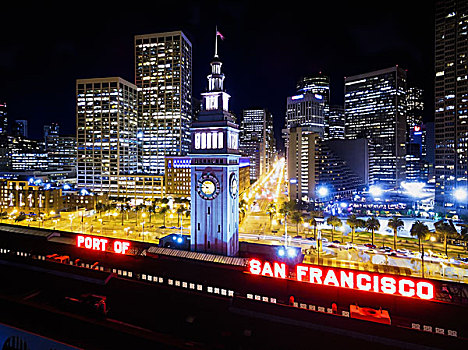 风景,俯视,渡轮,建筑,钟楼,标识,说话,港口,旧金山,夜晚