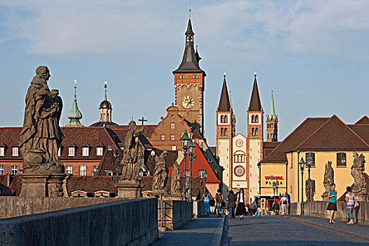 风景,上方,老,桥,雕塑,市政厅,大教堂,维尔茨堡,弗兰克尼亚,巴伐利亚,德国,欧洲