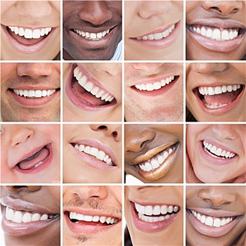 抽象拼贴画,鲜明,白人,微笑,牙齿保健,白色背景,背景
