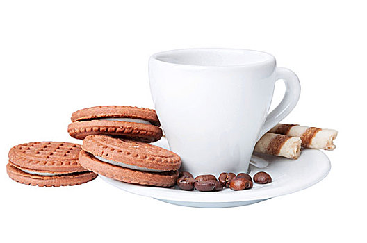 咖啡杯,巧克力曲奇,白色背景