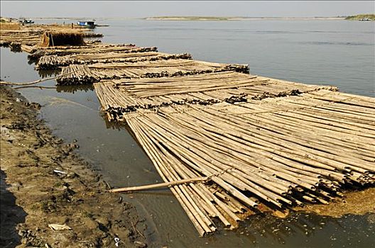竹子,漂浮,伊洛瓦底江,缅甸