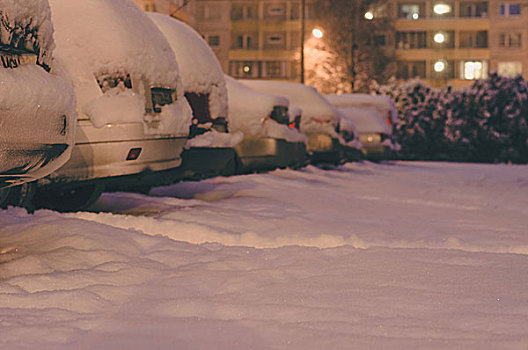 大雪,汽车,城市,停放,模糊,风景,夜晚