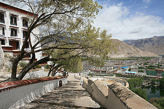 西藏拉萨布达拉宫后面的进宫道路和周边的市区