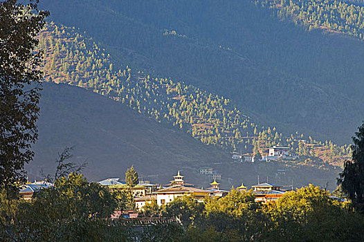 廷布,市区,黄昏,桥,不丹,十一月,2007年