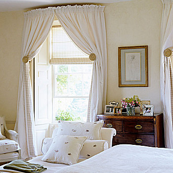 优雅,风格,卧室,白色,帘,百叶窗,窗户