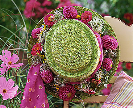 绿色,草帽,花环,大丽花,花园椅