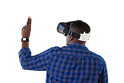 男人,手势,虚拟现实,耳机,后视图