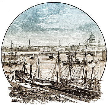 历史,绘画,城市,彼得斯堡,桥,上方,涅瓦河,19世纪,俄罗斯,欧洲