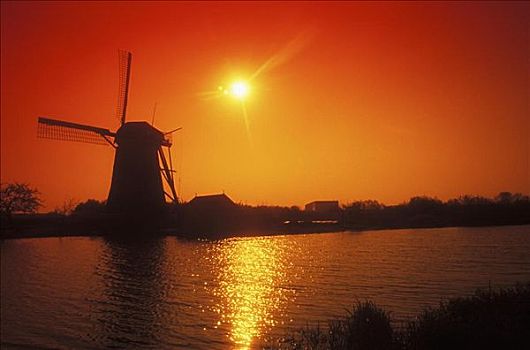 剪影,传统风车,黄昏,阿姆斯特丹,荷兰