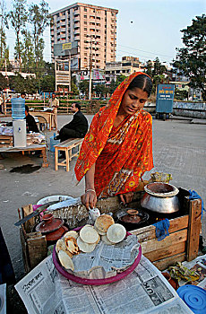 女人,制作,路边,店,达卡,孟加拉,十二月,2007年